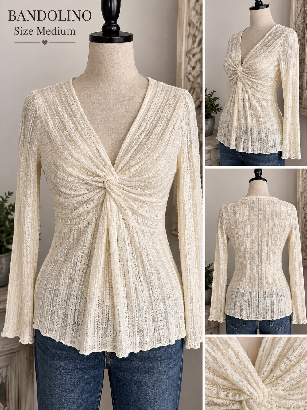 Bandolino Ivory Twist-Front Long-Sleeve Knit Top